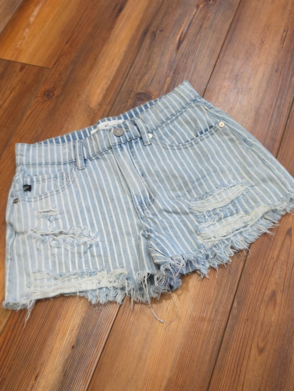 KanCan Light Blue & White Striped Distressed Denim Shorts